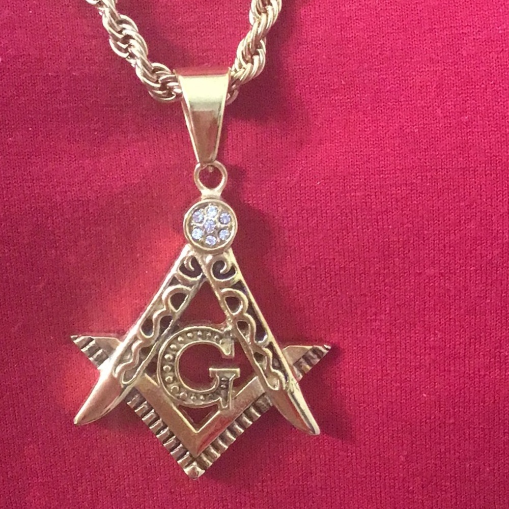 Masonic Temple Gold Stainless Steel Symbol & Chain w/ Rhinestone Atop.